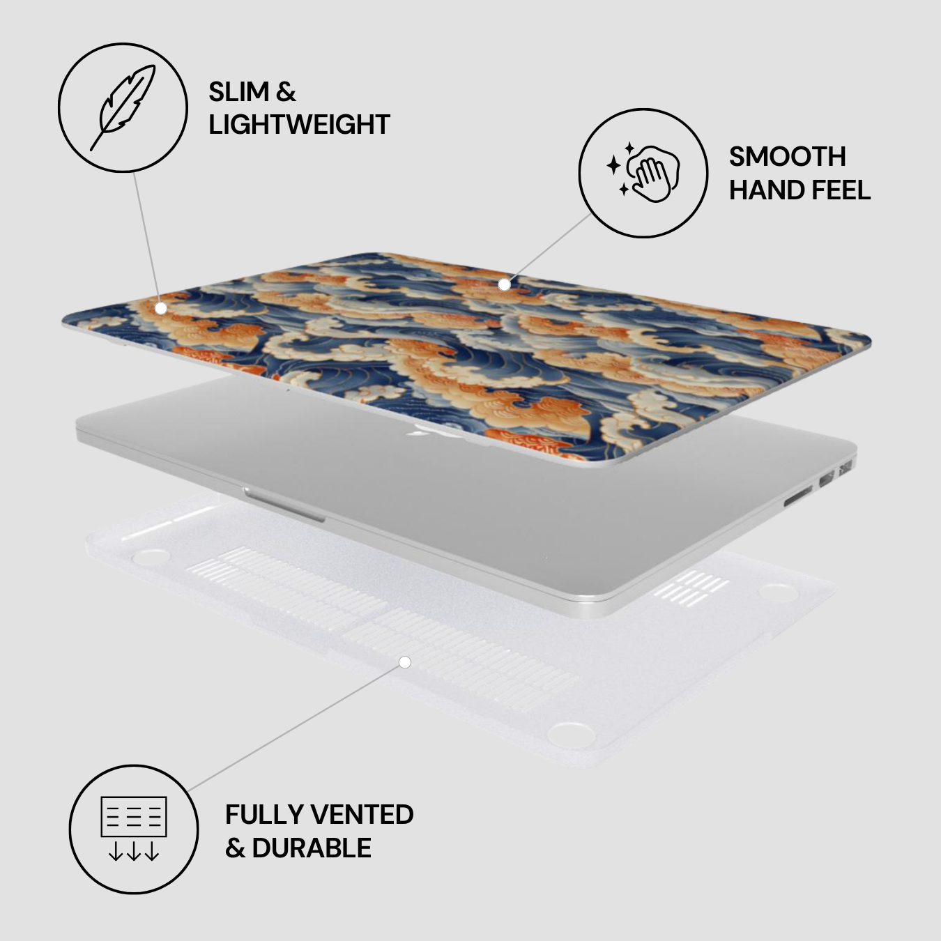 Laptop with abstract design on a white background, featuring text labels about features.