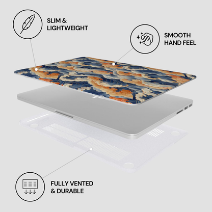 Laptop with abstract design on a white background, featuring text labels about features.