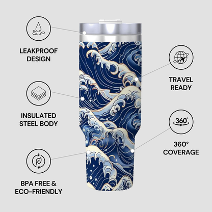 Tumbler with wave design and features listed on a gray background | casenari