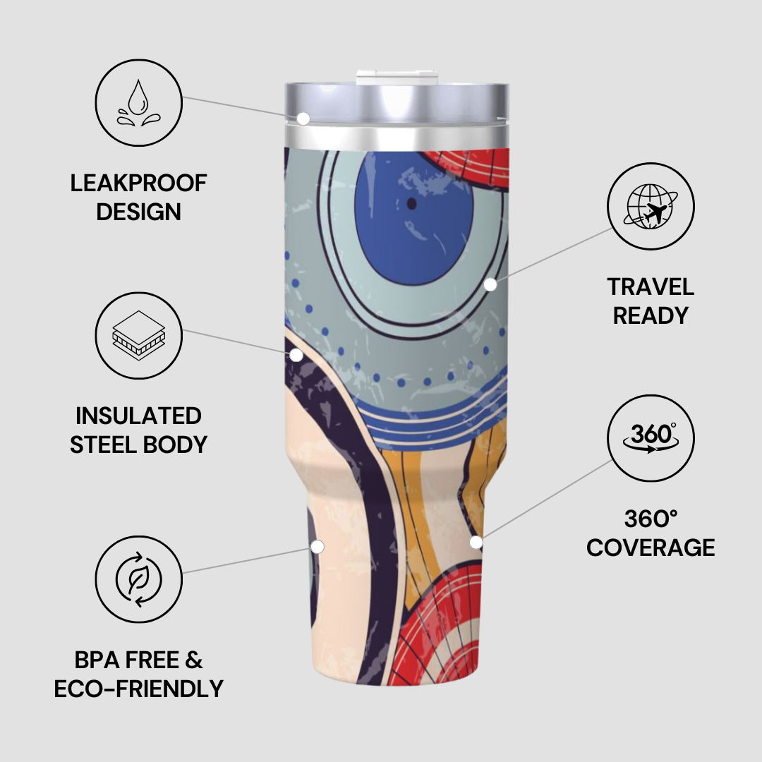Colorful tumbler with insulation and travel features on a gray background