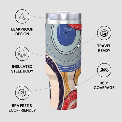 Colorful tumbler with insulation and travel features on a gray background