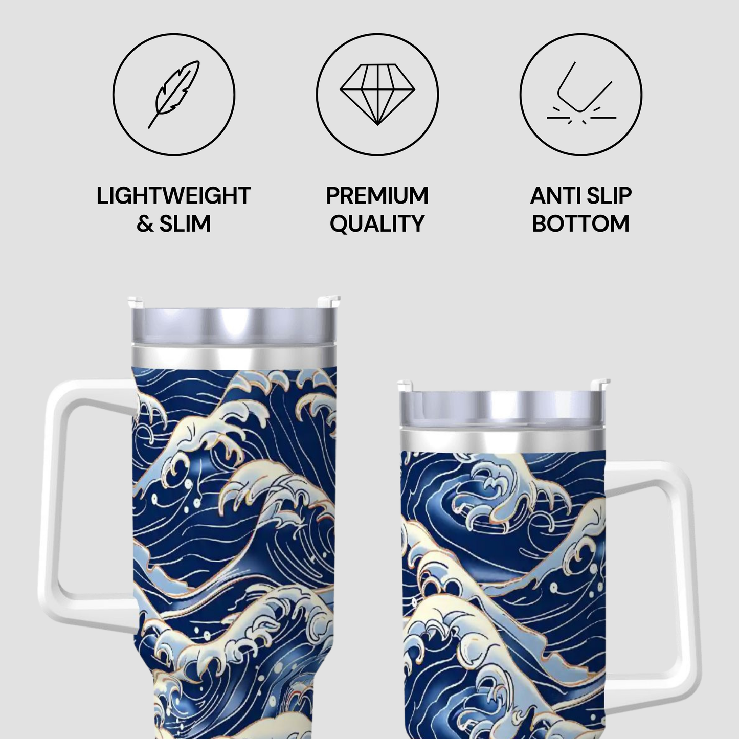 Two travel mugs with wave design and text indicating features like 'Lightweight & Slim', 'Premium Quality', and 'Anti Slip Bottom'. | casenari