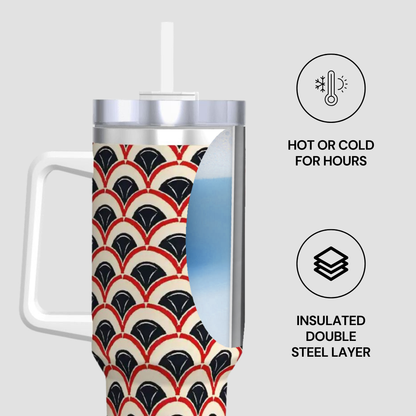Insulated tumbler with geometric pattern on a white background