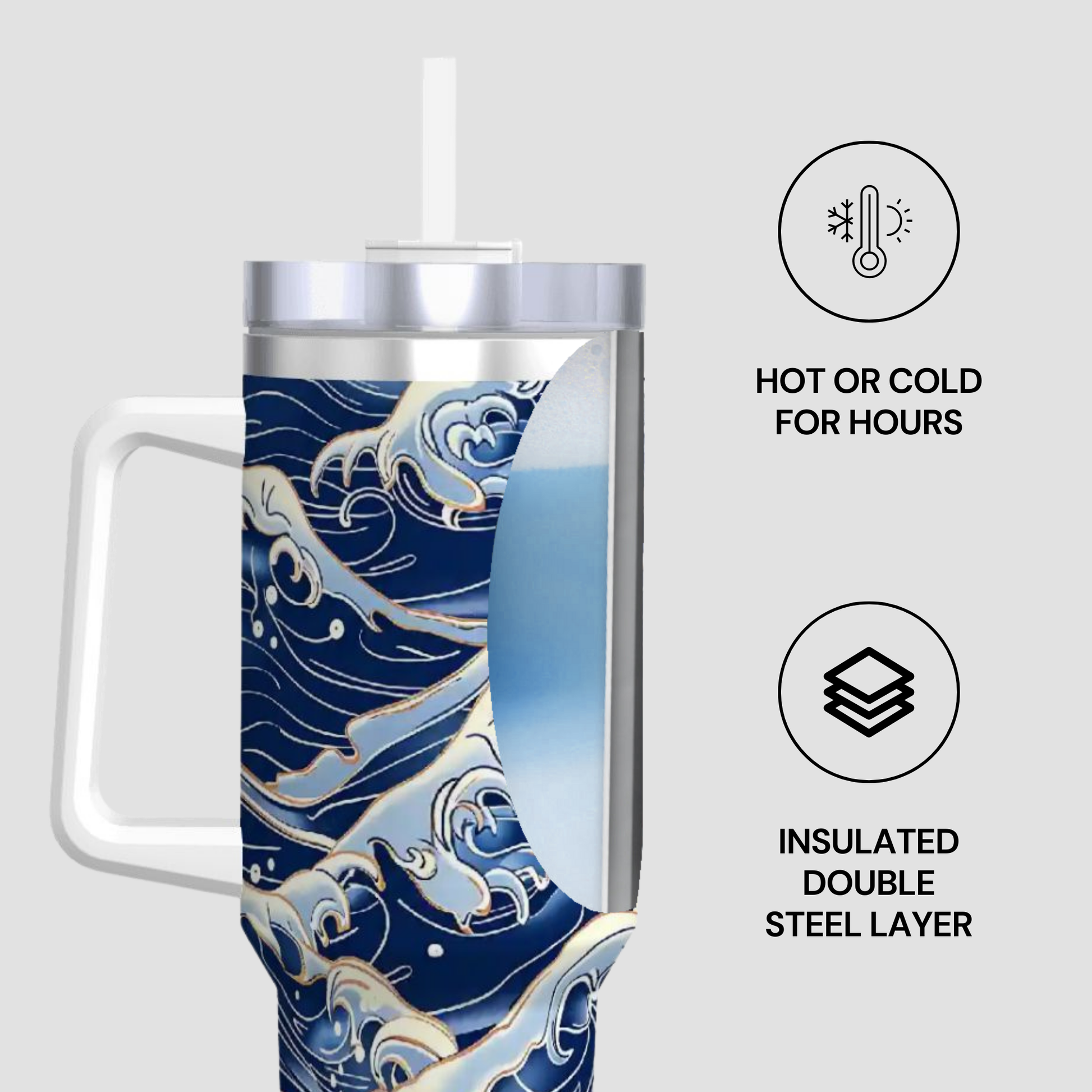 Tumbler with wave design and insulated features on a light gray background | casenari
