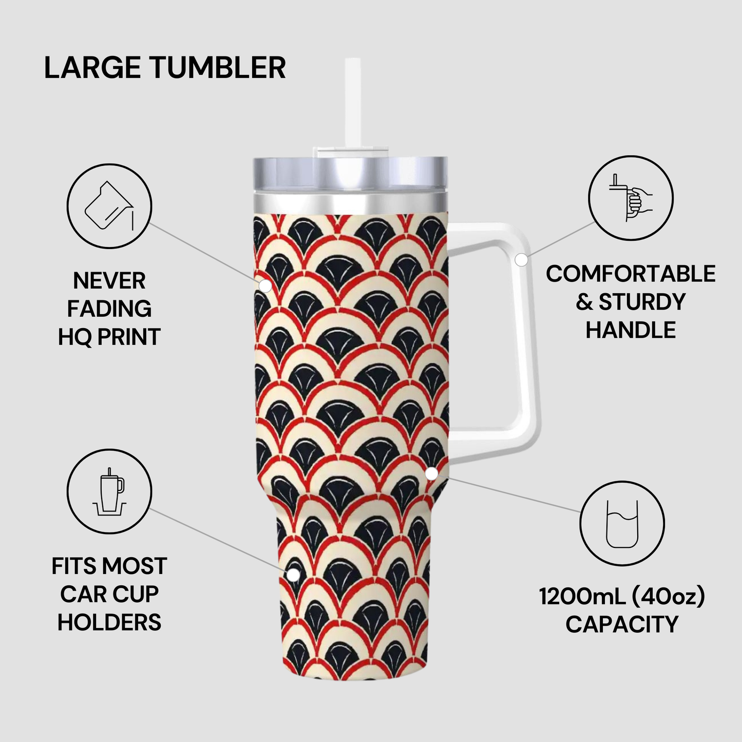 Large tumbler with a patterned design on a gray background