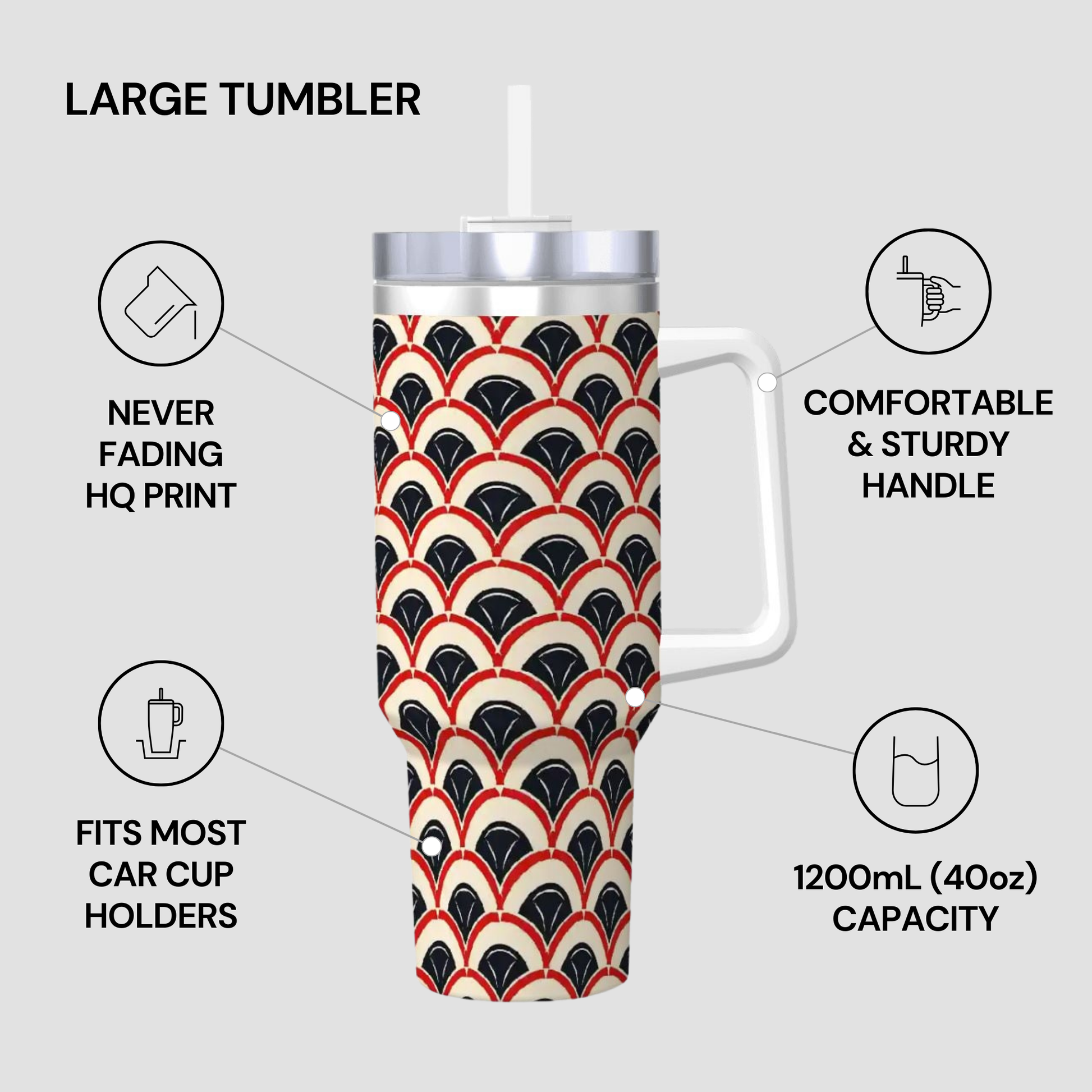Large tumbler with a patterned design on a gray background