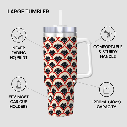 Large tumbler with a patterned design on a gray background