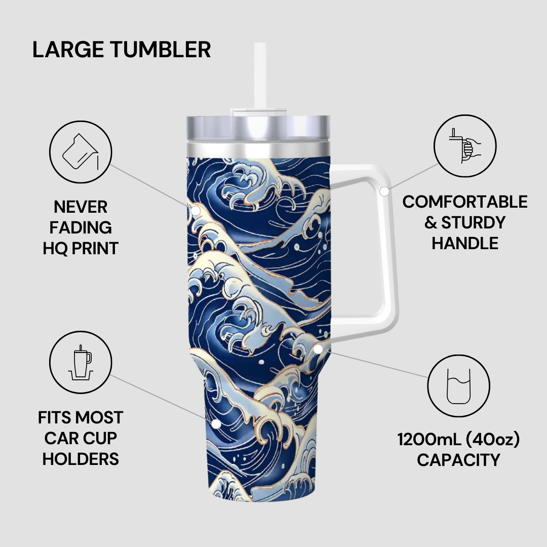 Large tumbler with wave design and features listed on a gray background | casenari