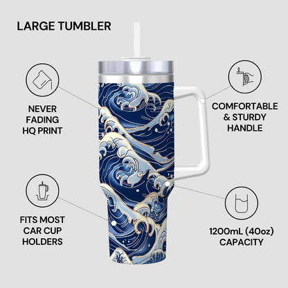 Large tumbler with wave design and features listed on a gray background | casenari