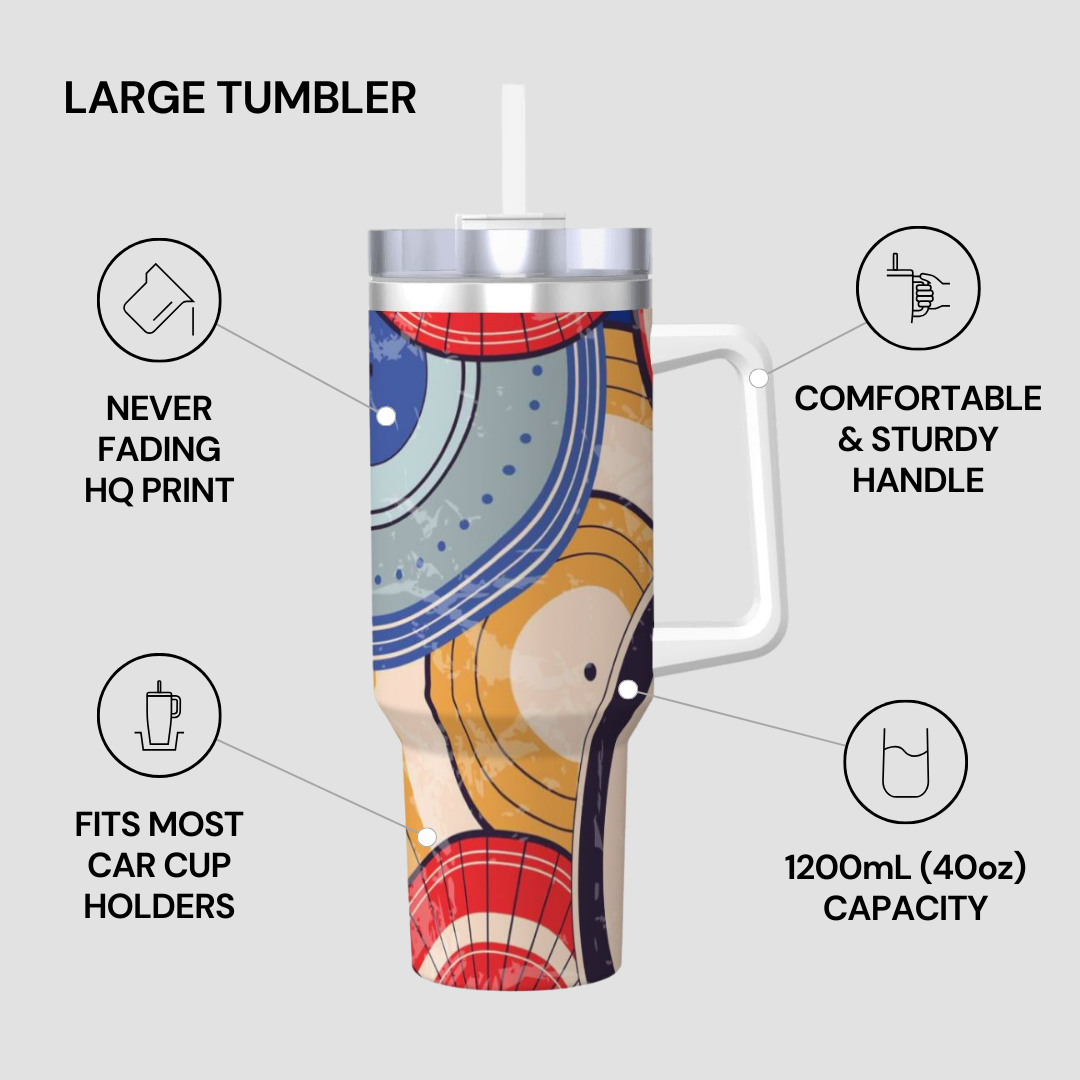 Large tumbler with colorful design and features listed on a light gray background