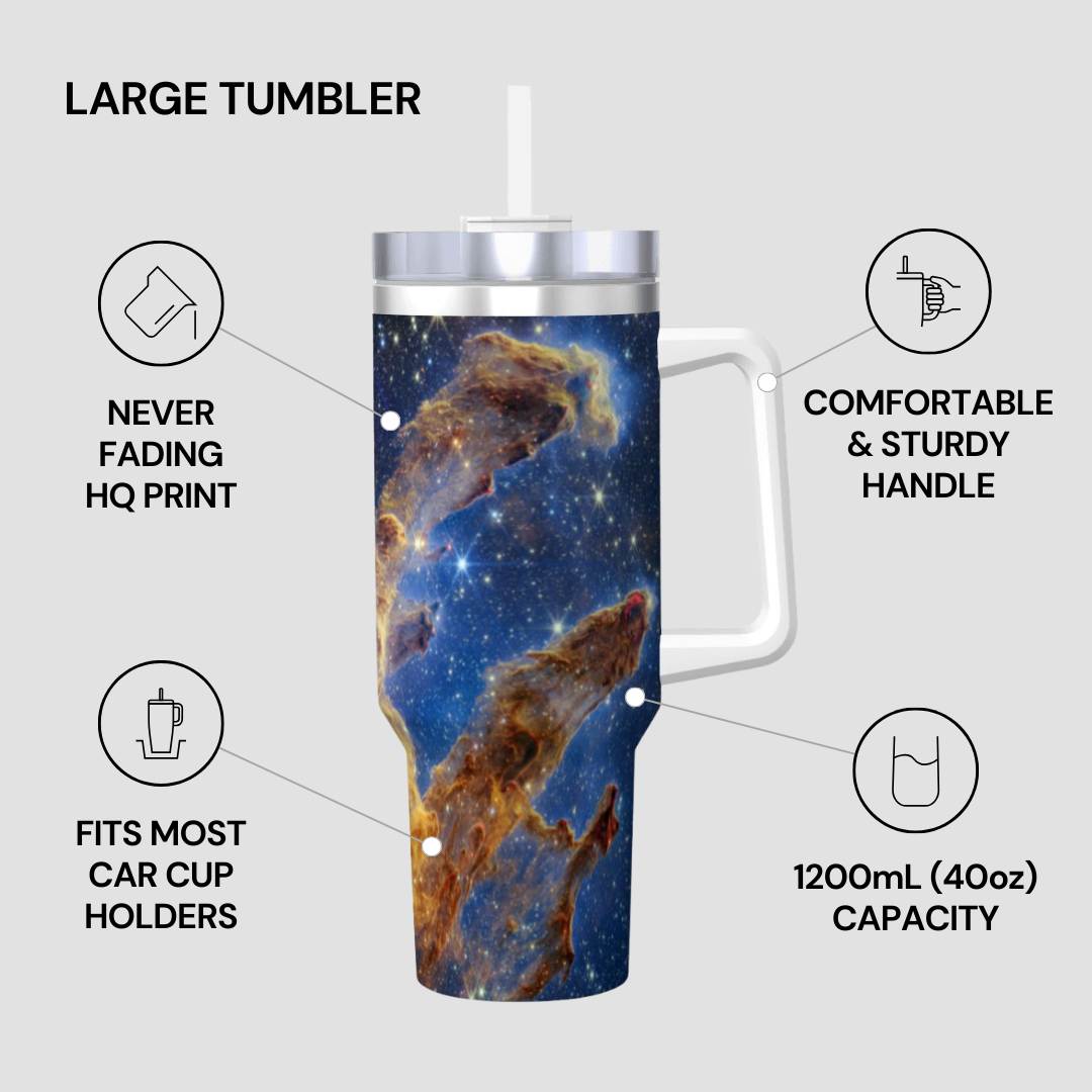 Large tumbler with space-themed design on a gray background