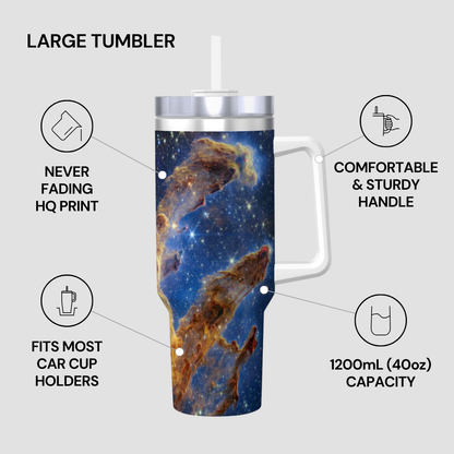 Large tumbler with space-themed design on a gray background