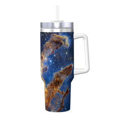 Tumbler with space-themed design on a white background