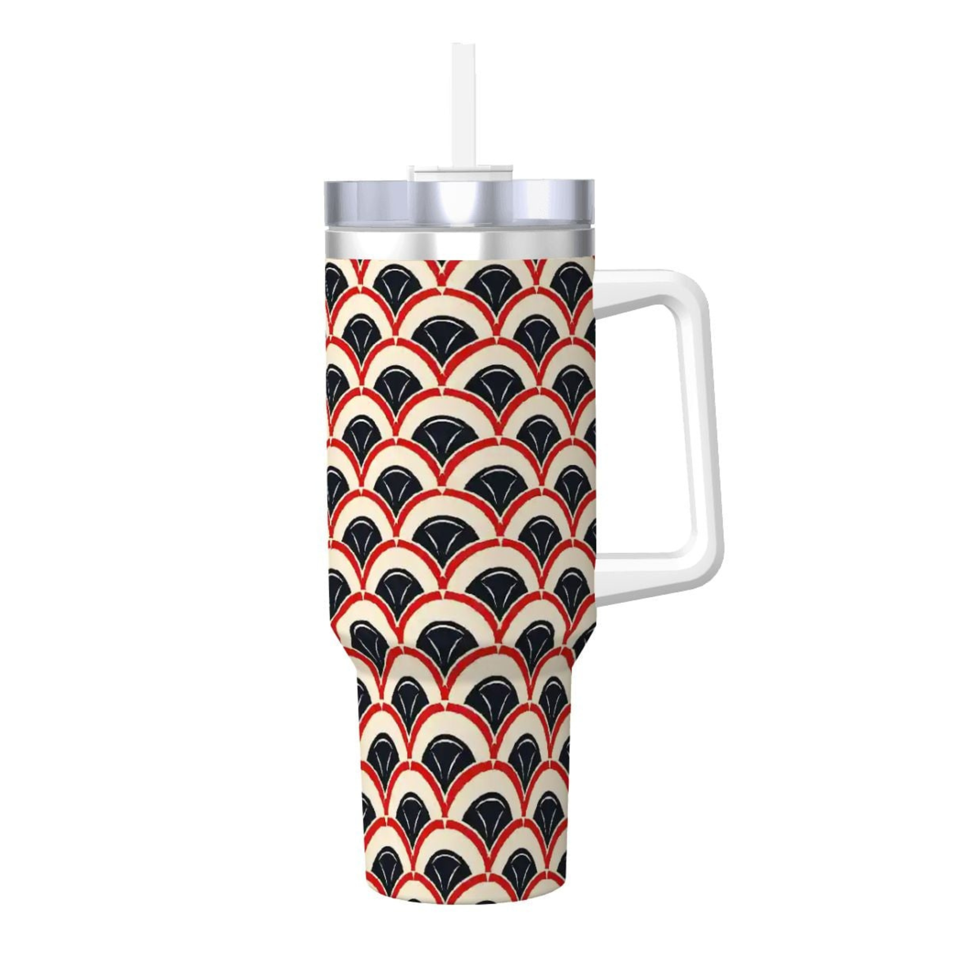 Tumbler with a geometric pattern on a white background