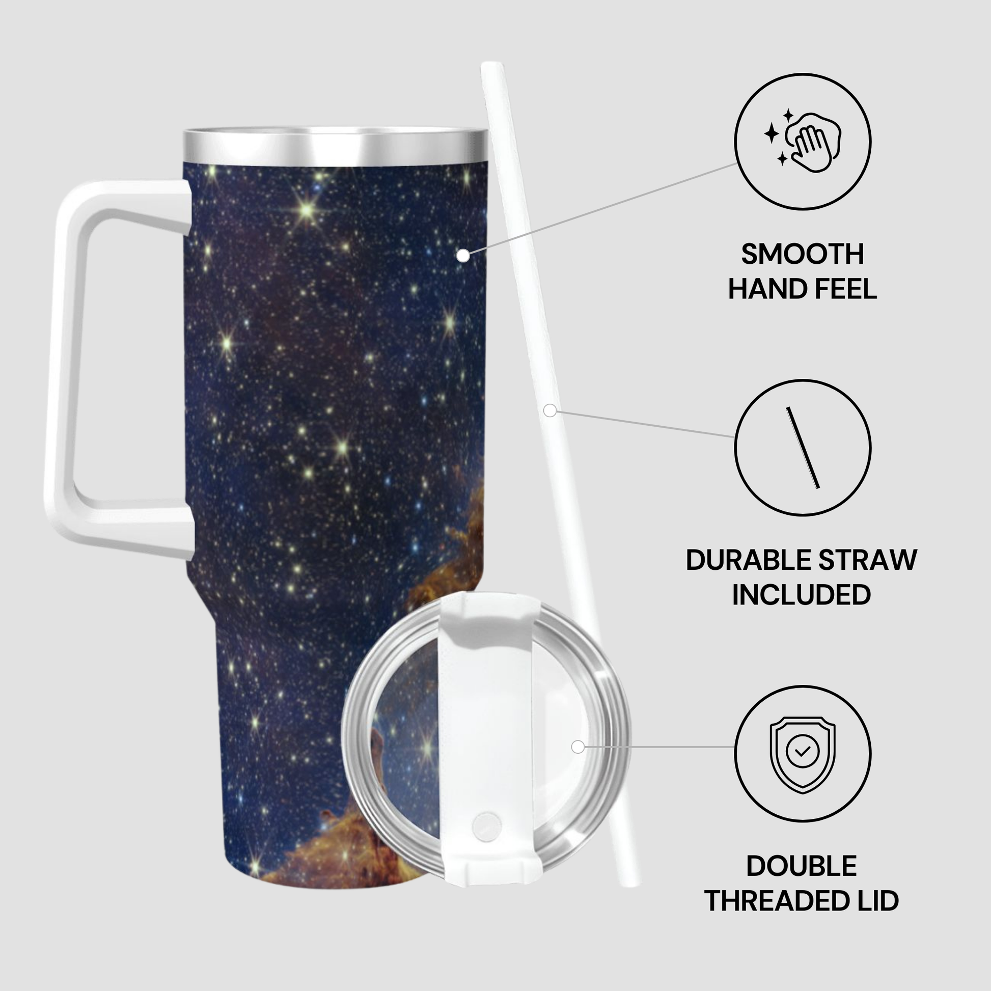 Travel mug with starry night design, straw, and lid on a light gray background