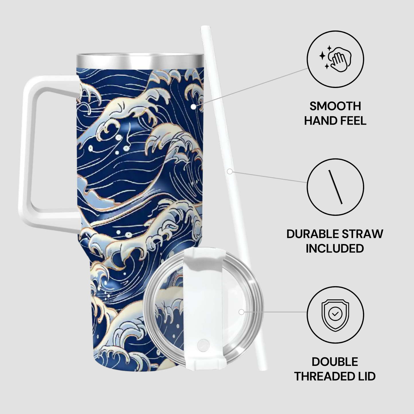 Travel mug with wave design, lid, and straw on a light gray background | casenari