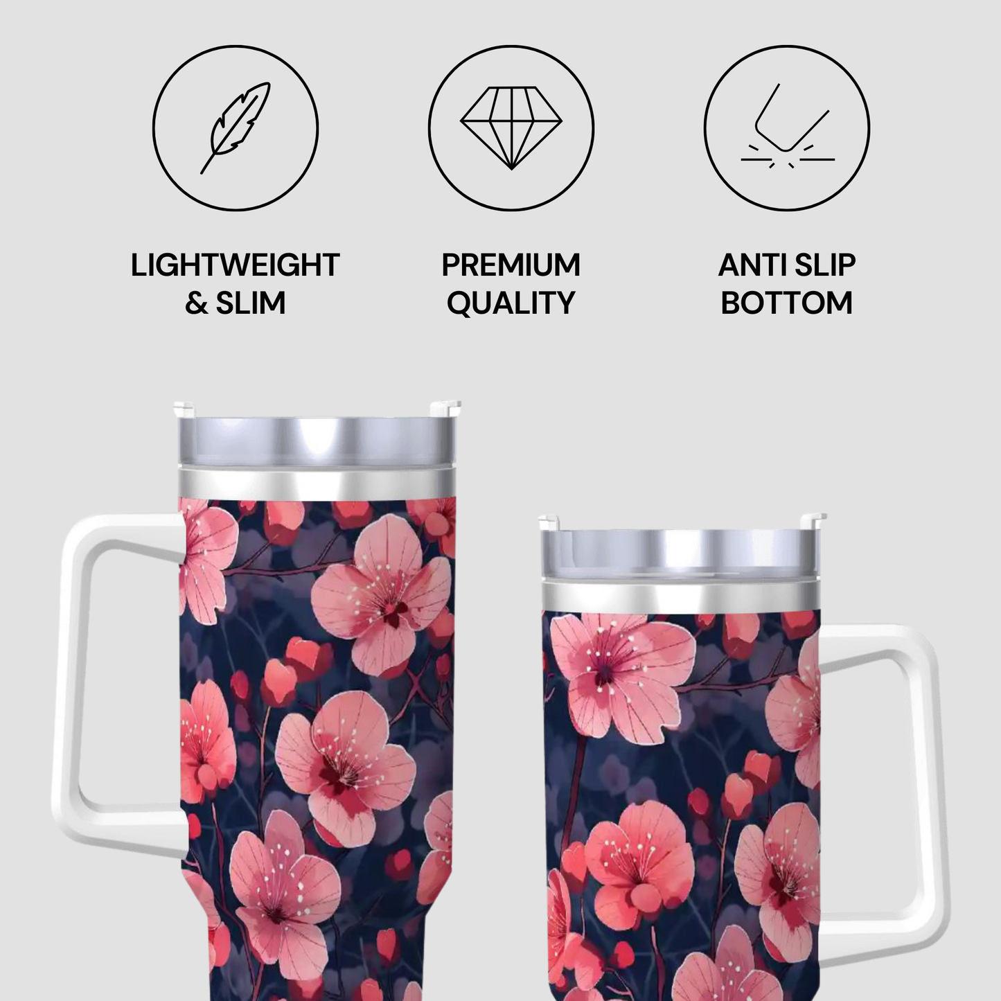 Floral-patterned travel mug with features highlighted on a light gray background