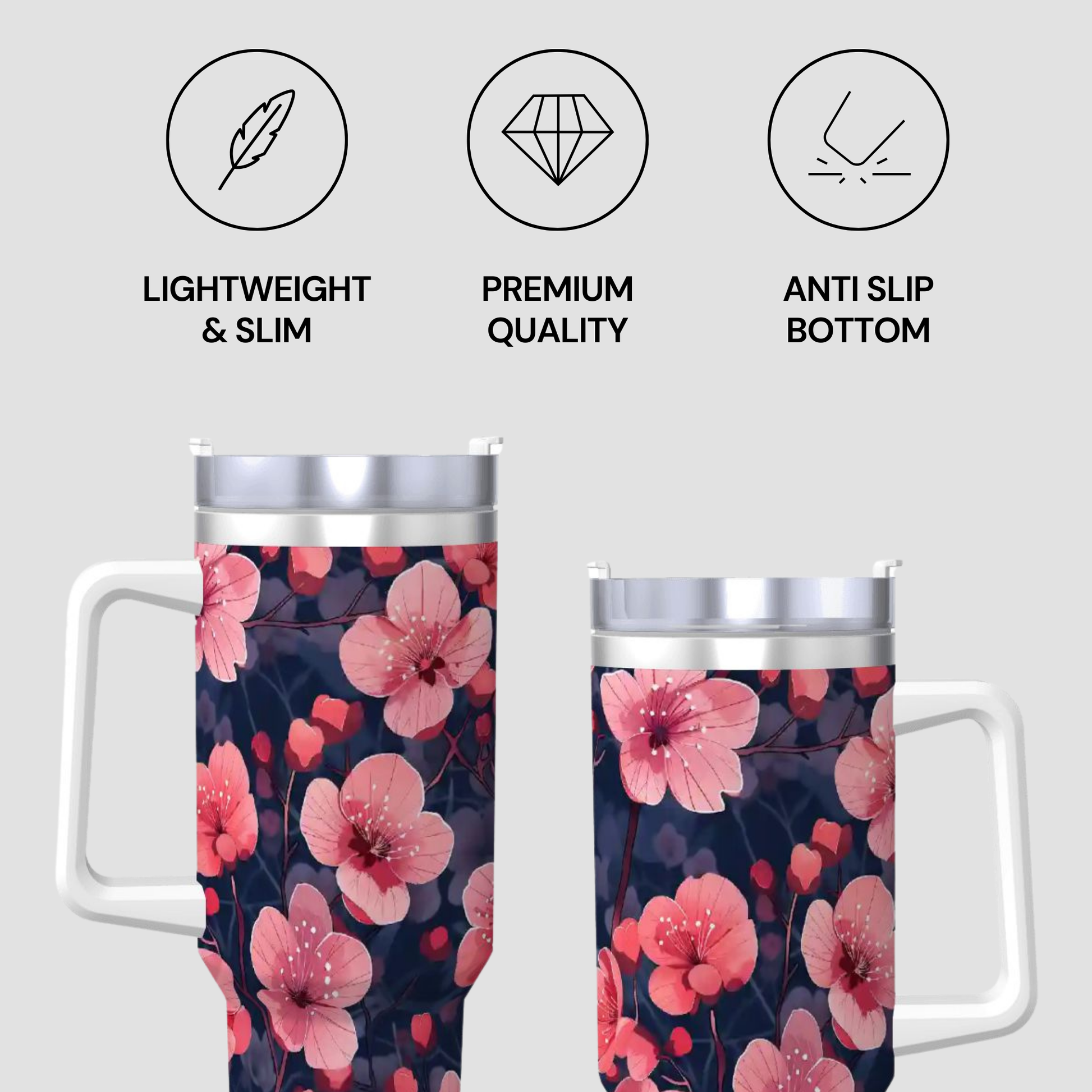 Floral-patterned travel mug with features highlighted on a light gray background