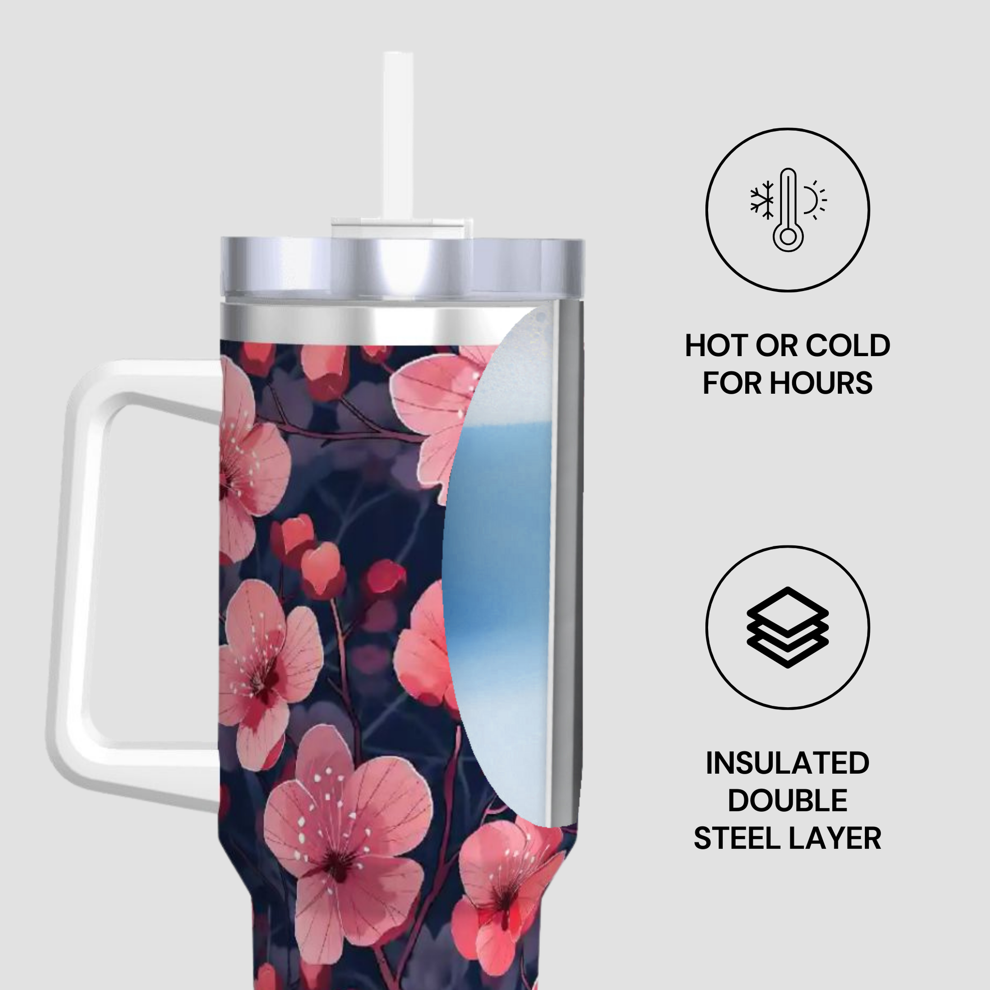 Stainless steel tumbler with floral design on a white background