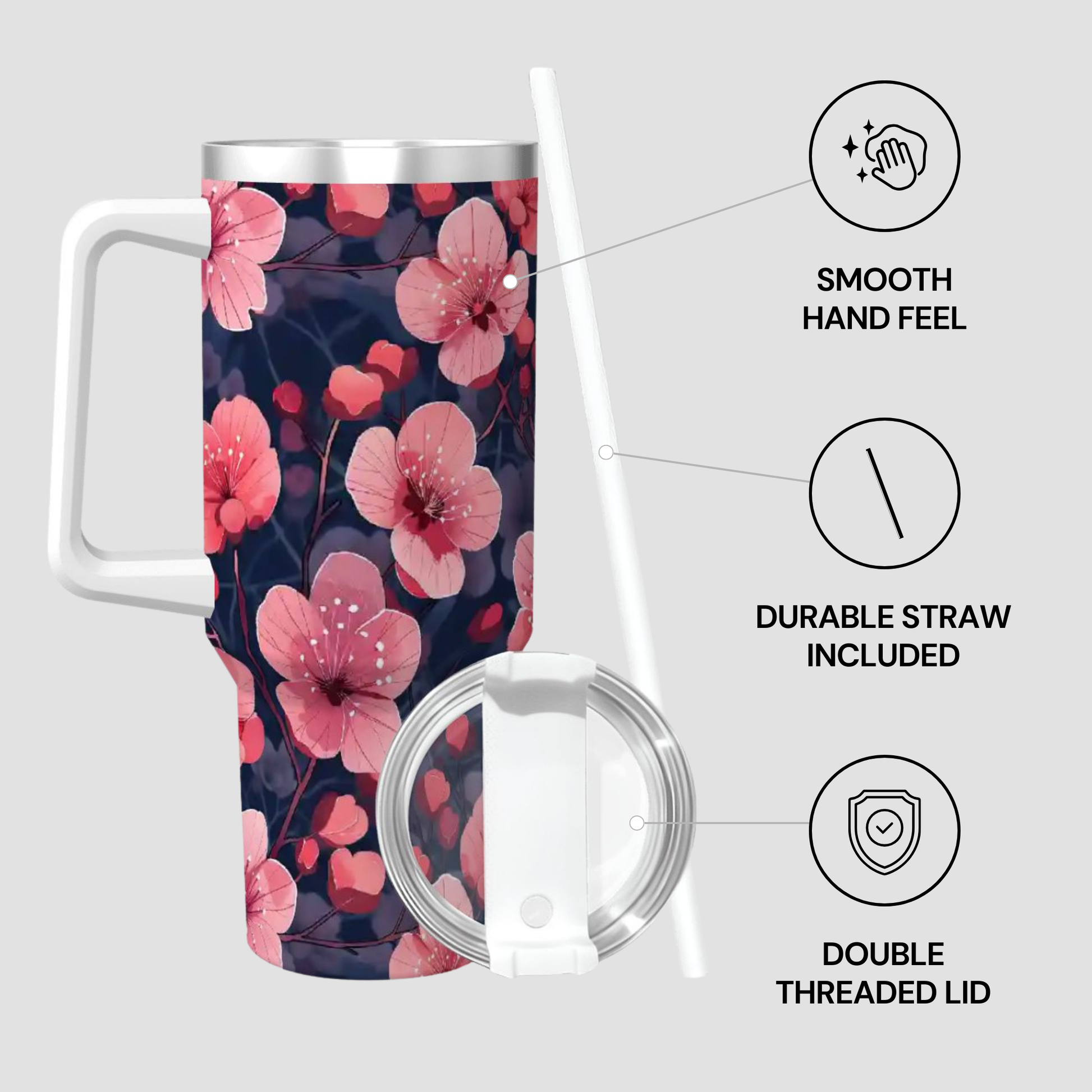 Floral-patterned tumbler with features highlighted on a gray background