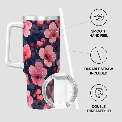 Floral-patterned tumbler with features highlighted on a gray background