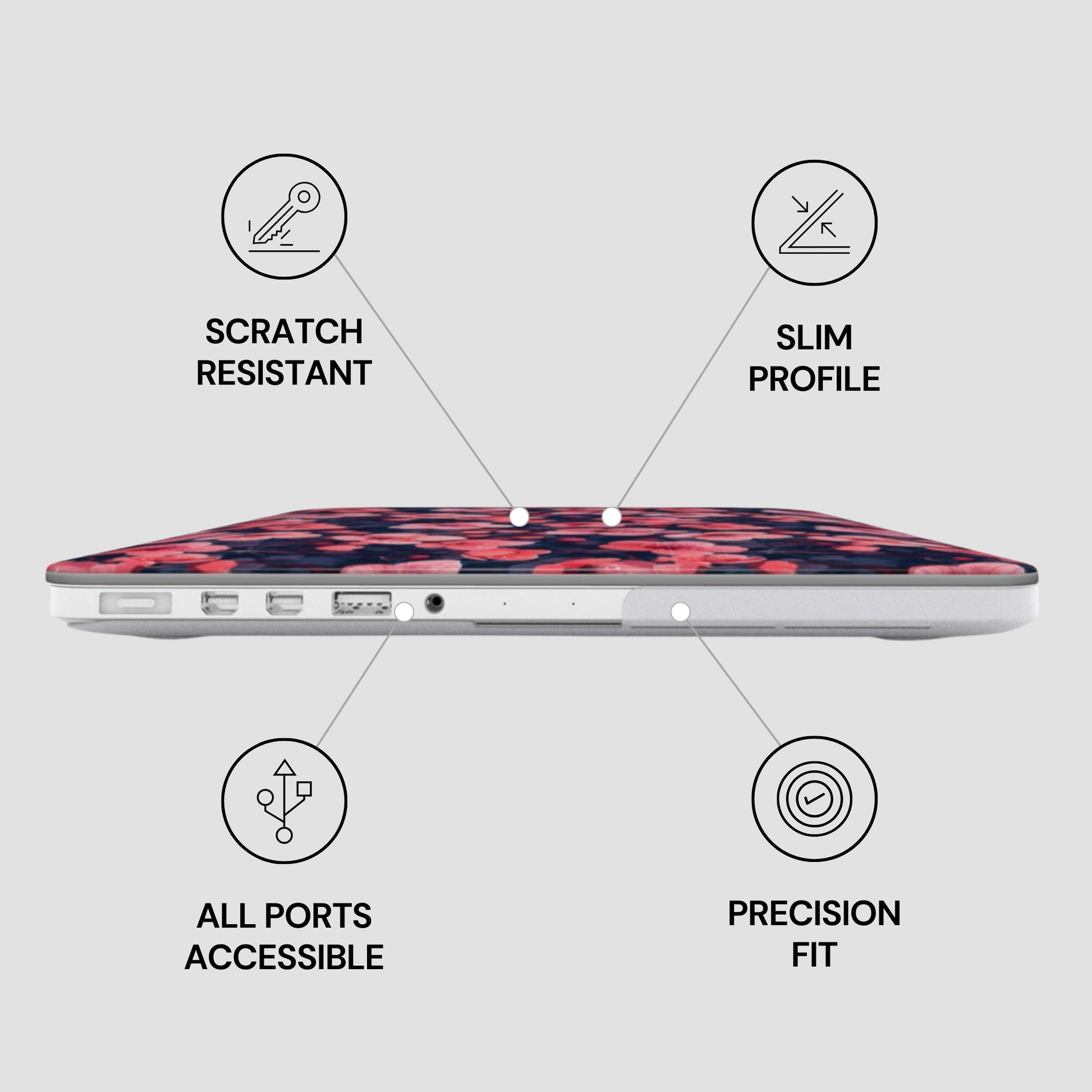 Laptop with features highlighted on a gray background