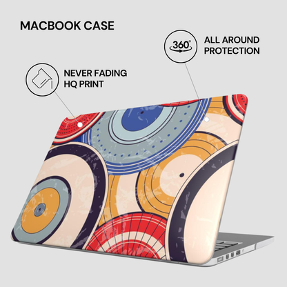 Colorful circular patterned MacBook case with text highlighting features on a white background