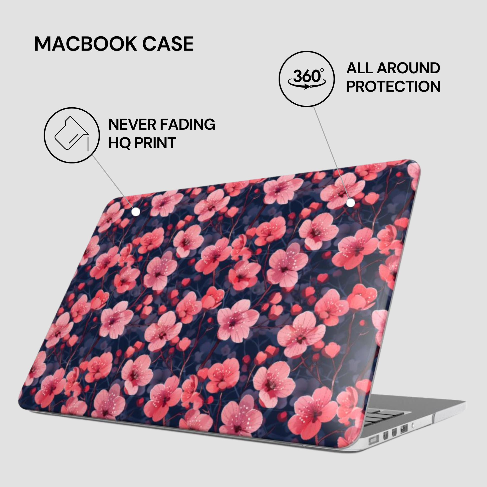 Floral laptop case with text highlighting features on a white background