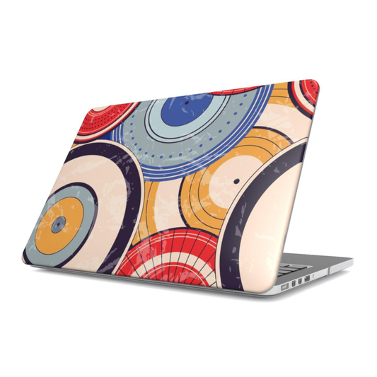 Laptop with a colorful circular pattern on a white background