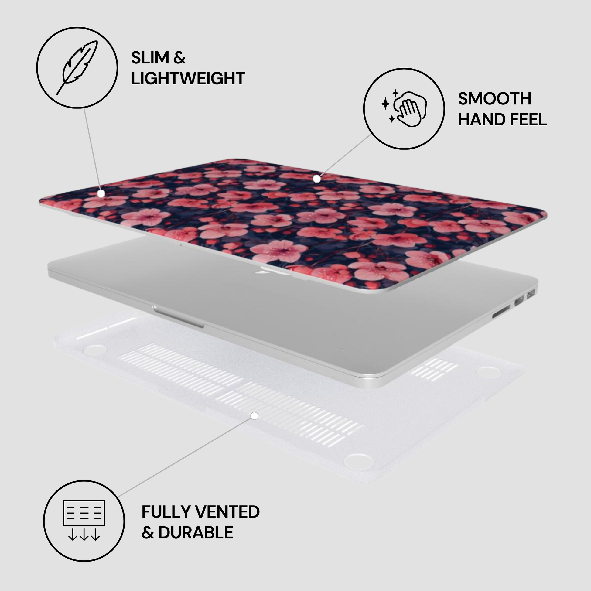 Floral laptop skin with features labeled on a white background