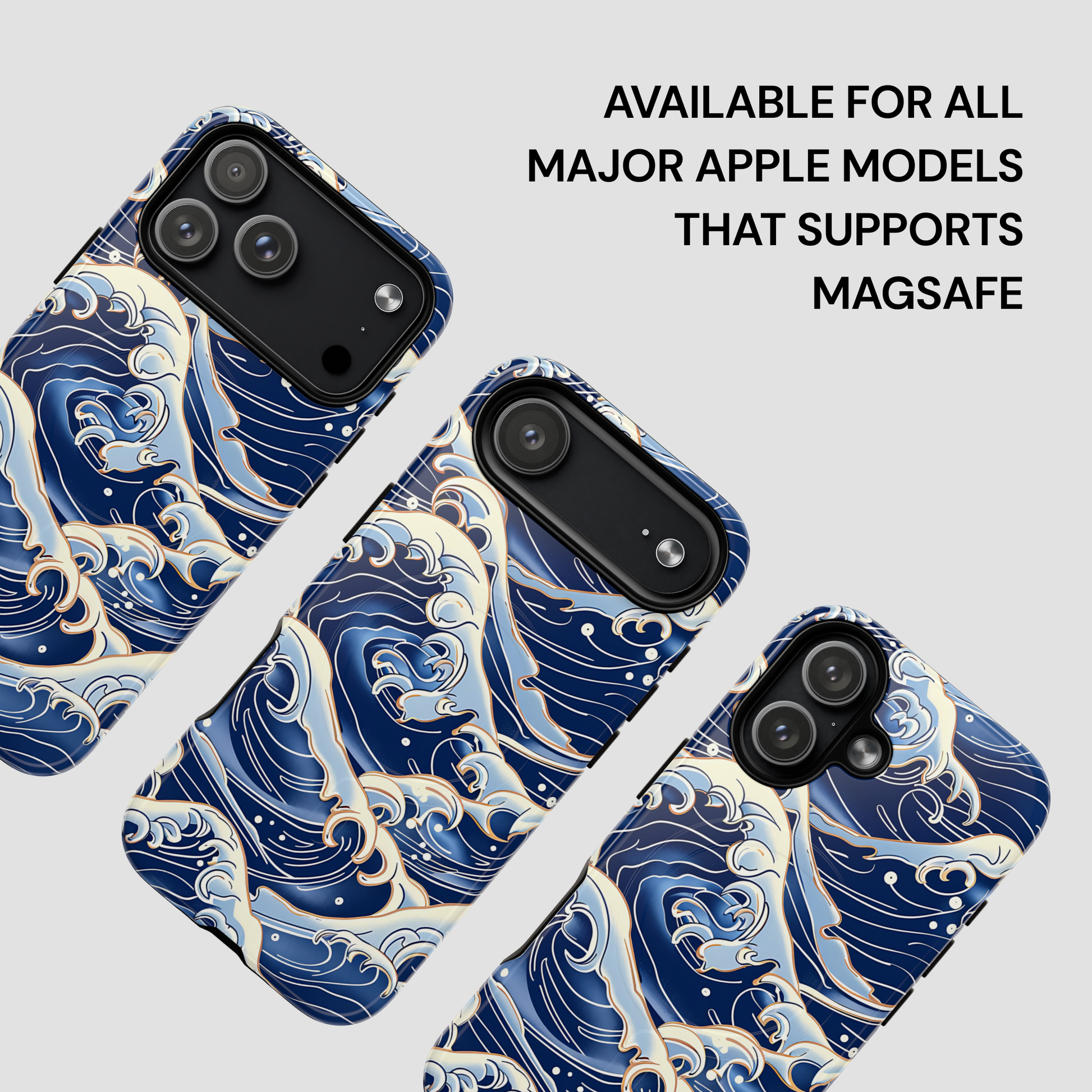 Phone case with wave design on a gray background, text indicating compatibility with Apple models supporting MagSafe | Casenari
