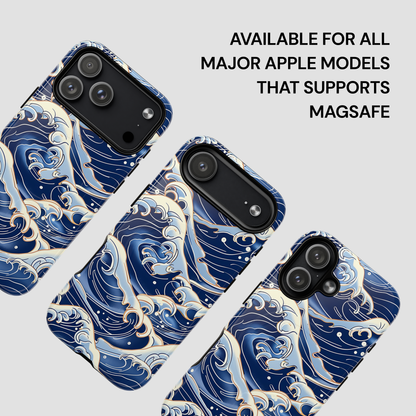 Phone case with wave design on a gray background, text indicating compatibility with Apple models supporting MagSafe | Casenari