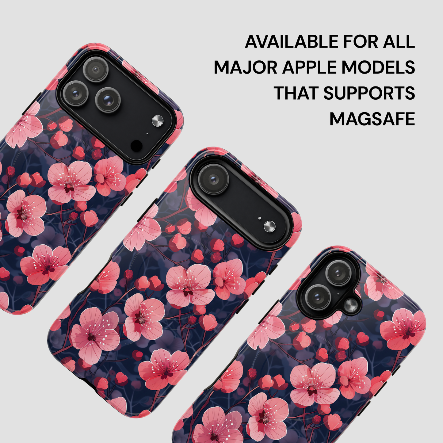 Floral phone case for Apple devices with text indicating compatibility.