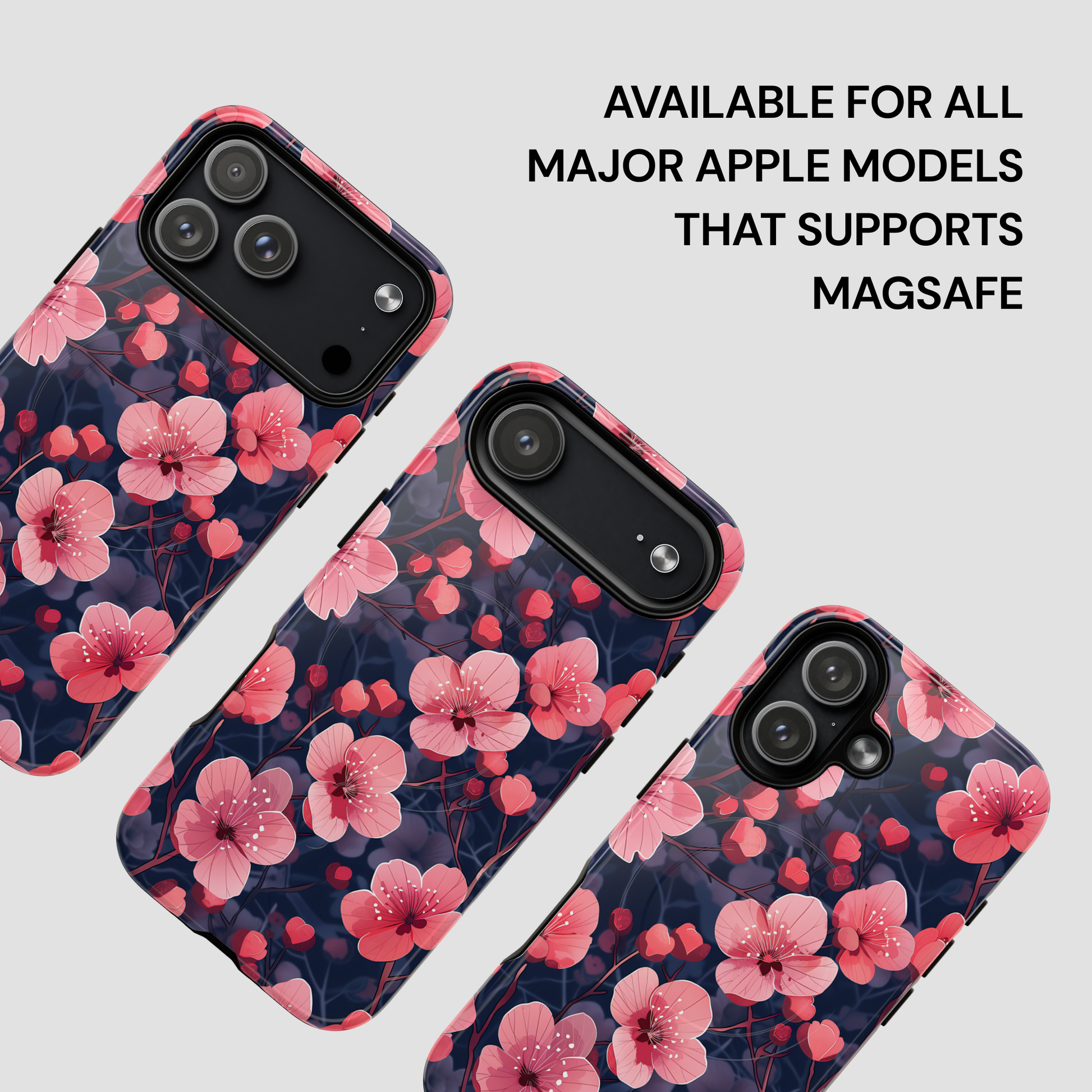 Floral phone case for Apple devices with text indicating compatibility.