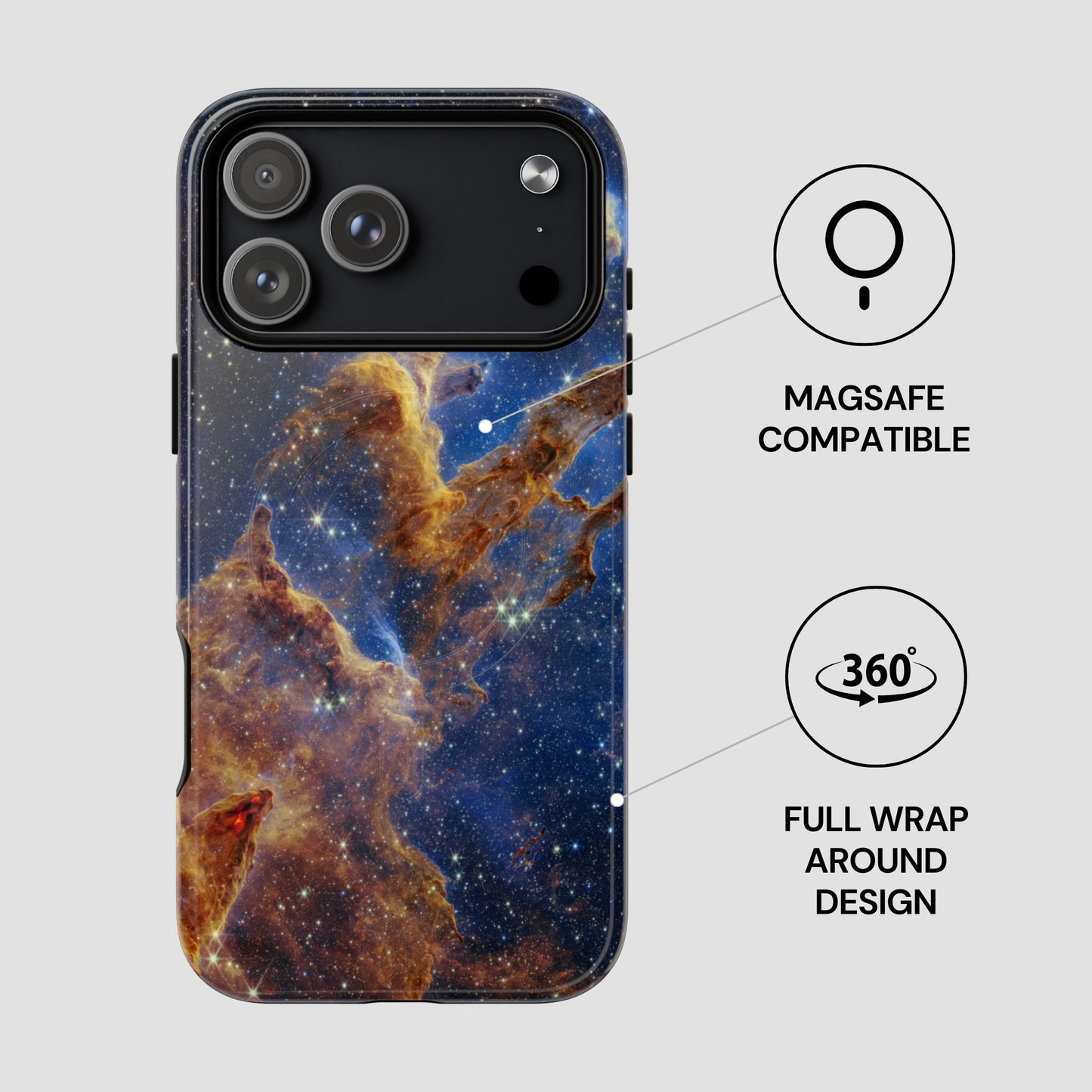 Phone case with space nebula design, Magsafe compatibility, and full wrap around feature on a light gray background.