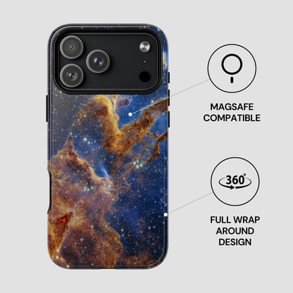 Phone case with space nebula design, Magsafe compatibility, and full wrap around feature on a light gray background.