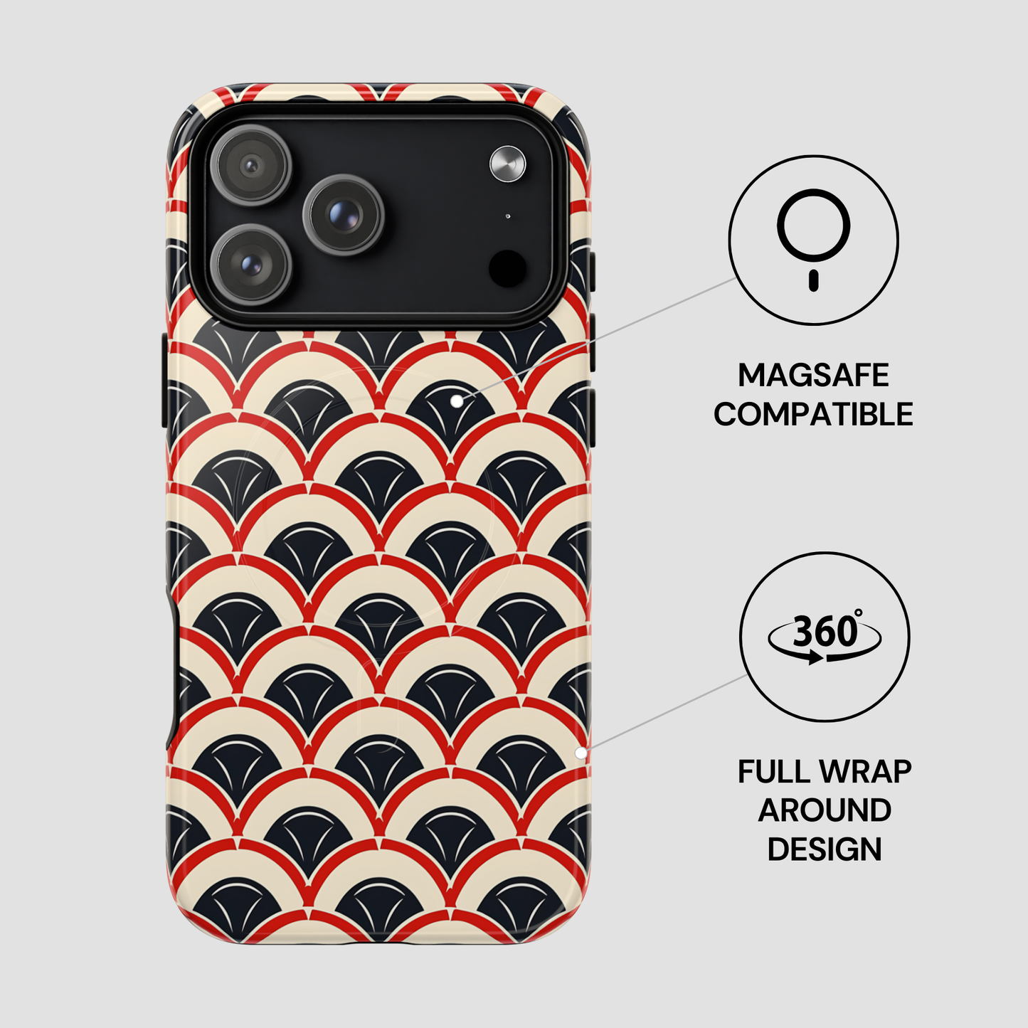 Phone case with geometric pattern, Magsafe compatibility, and full wrap around design on a light gray background.