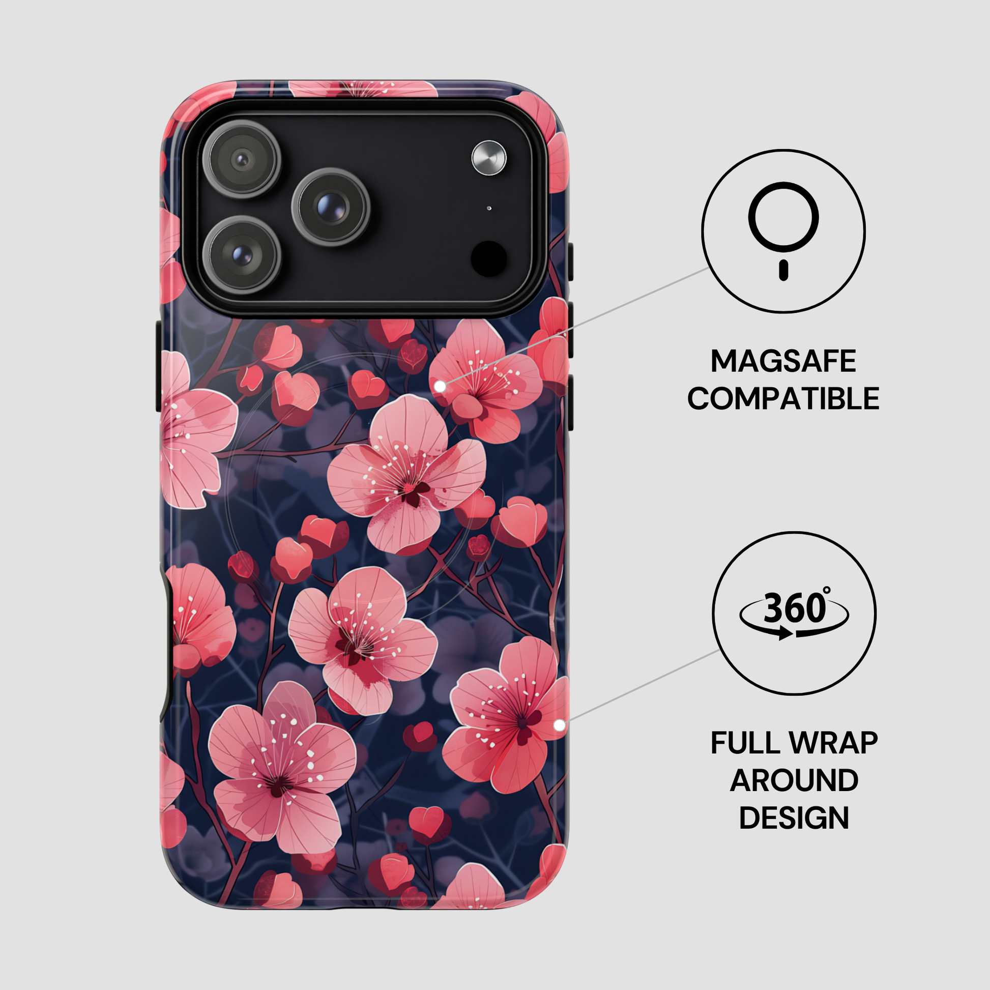 Phone case with pink floral design on a gray background