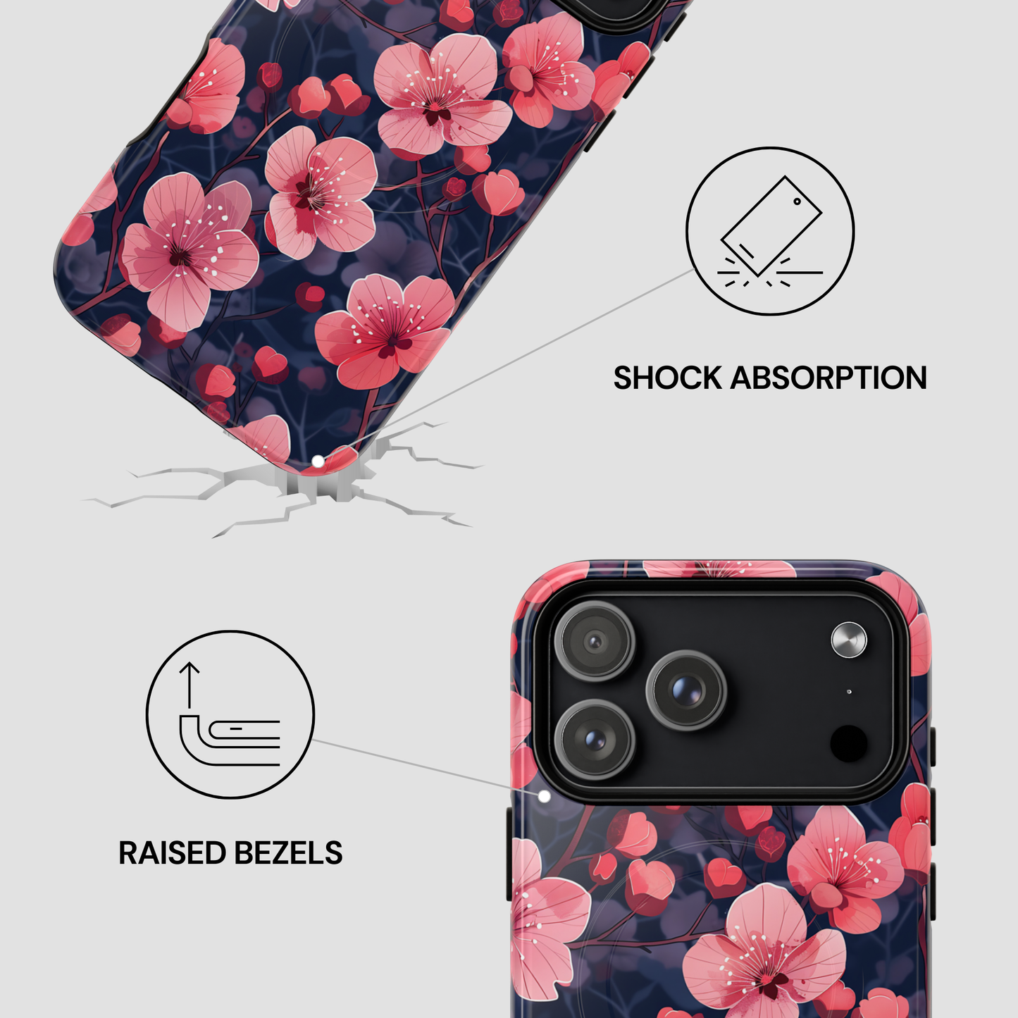 Phone case with floral design and features highlighted on a white background