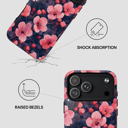 Phone case with floral design and features highlighted on a white background