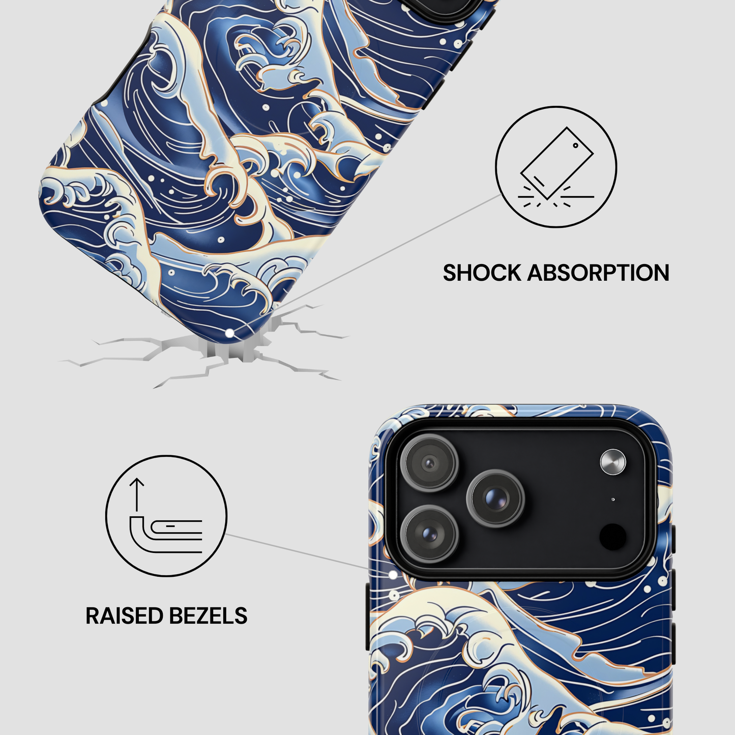 Phone case with wave design and features labeled on a light gray background By Casenari
