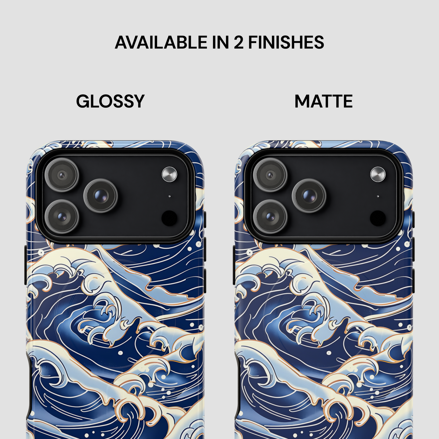 Two phone case designs with wave pattern, one glossy and one matte, on a white background | Casenari