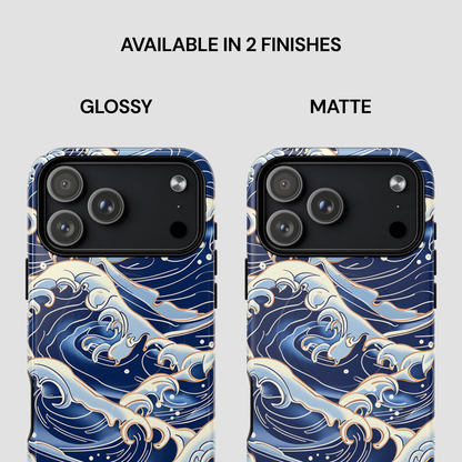 Two phone case designs with wave pattern, one glossy and one matte, on a white background | Casenari