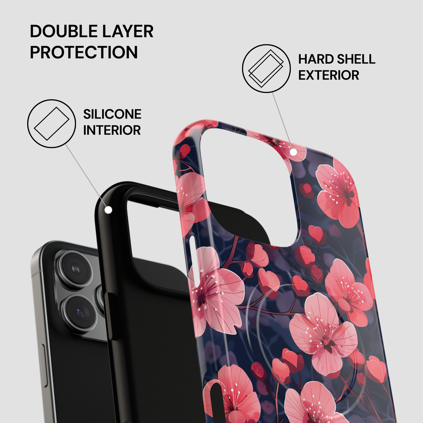 Floral phone case with hard shell exterior and silicone interior on a gray background