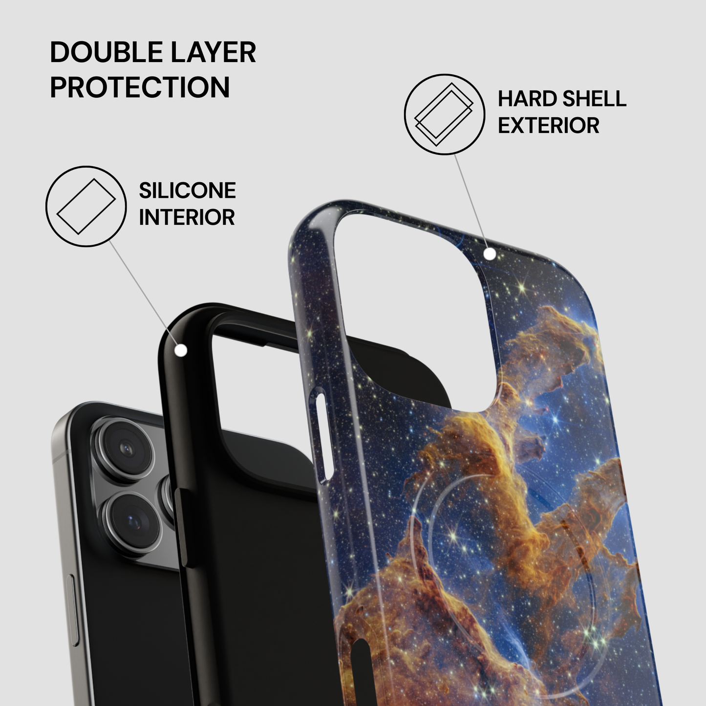 Phone case with space-themed design and text about double layer protection on a white background