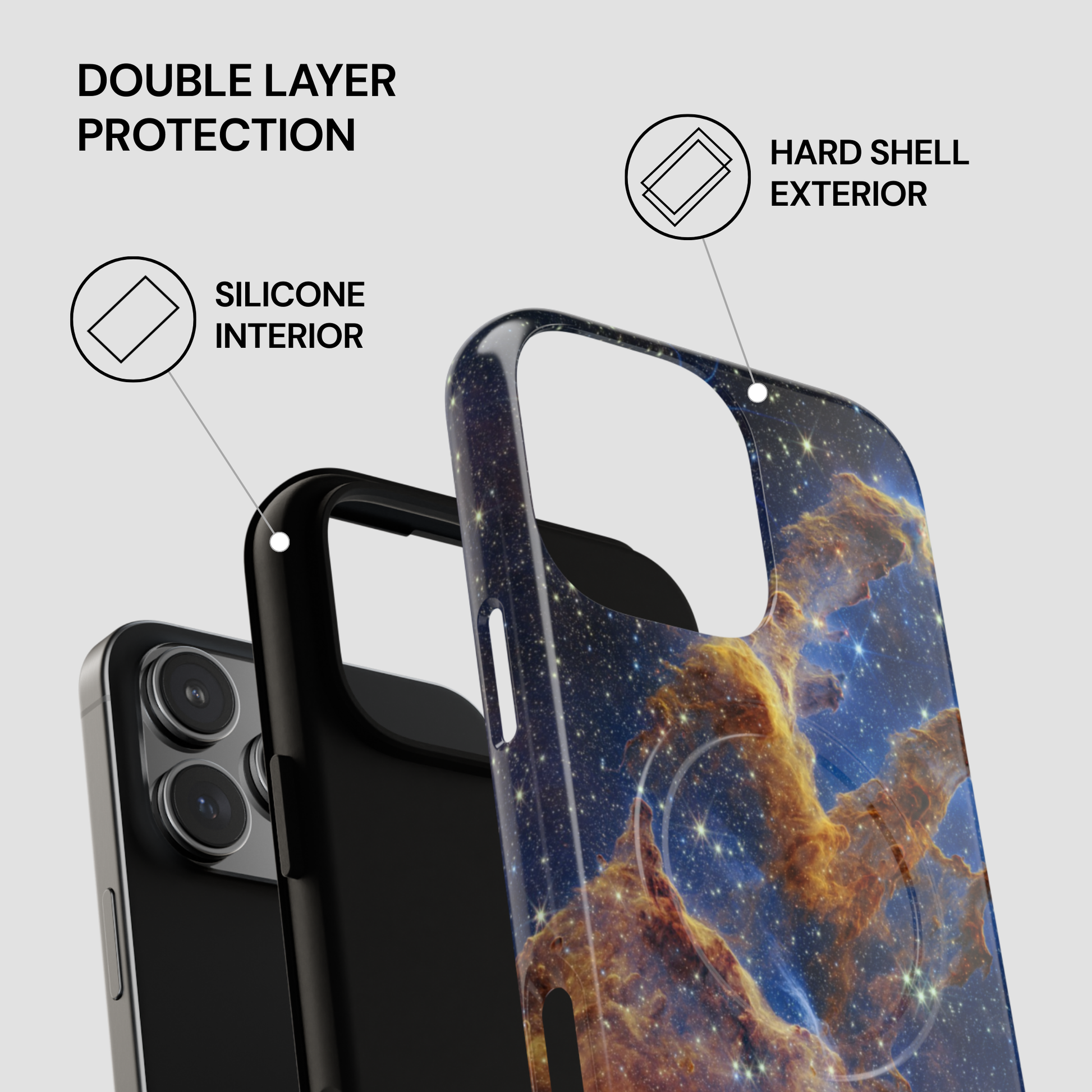 Phone case with space-themed design and text about double layer protection on a white background