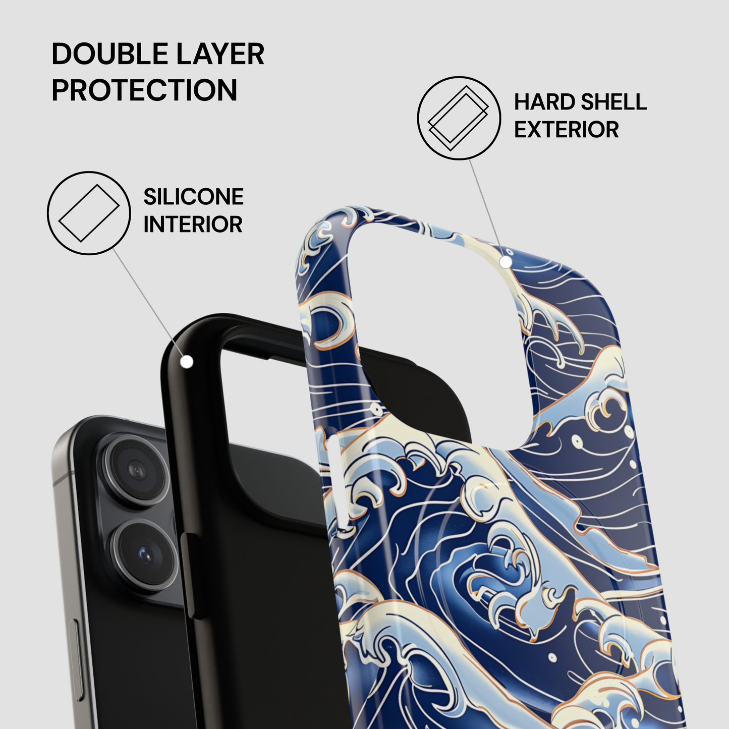 Phone case with wave design and text highlighting double layer protection on a gray background | Casenari