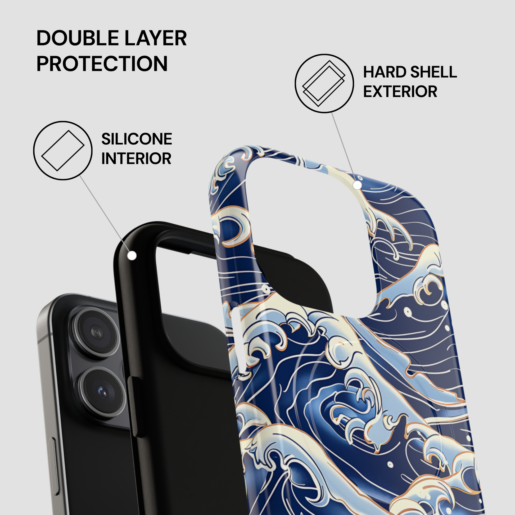 Phone case with wave design and text highlighting double layer protection on a gray background | Casenari