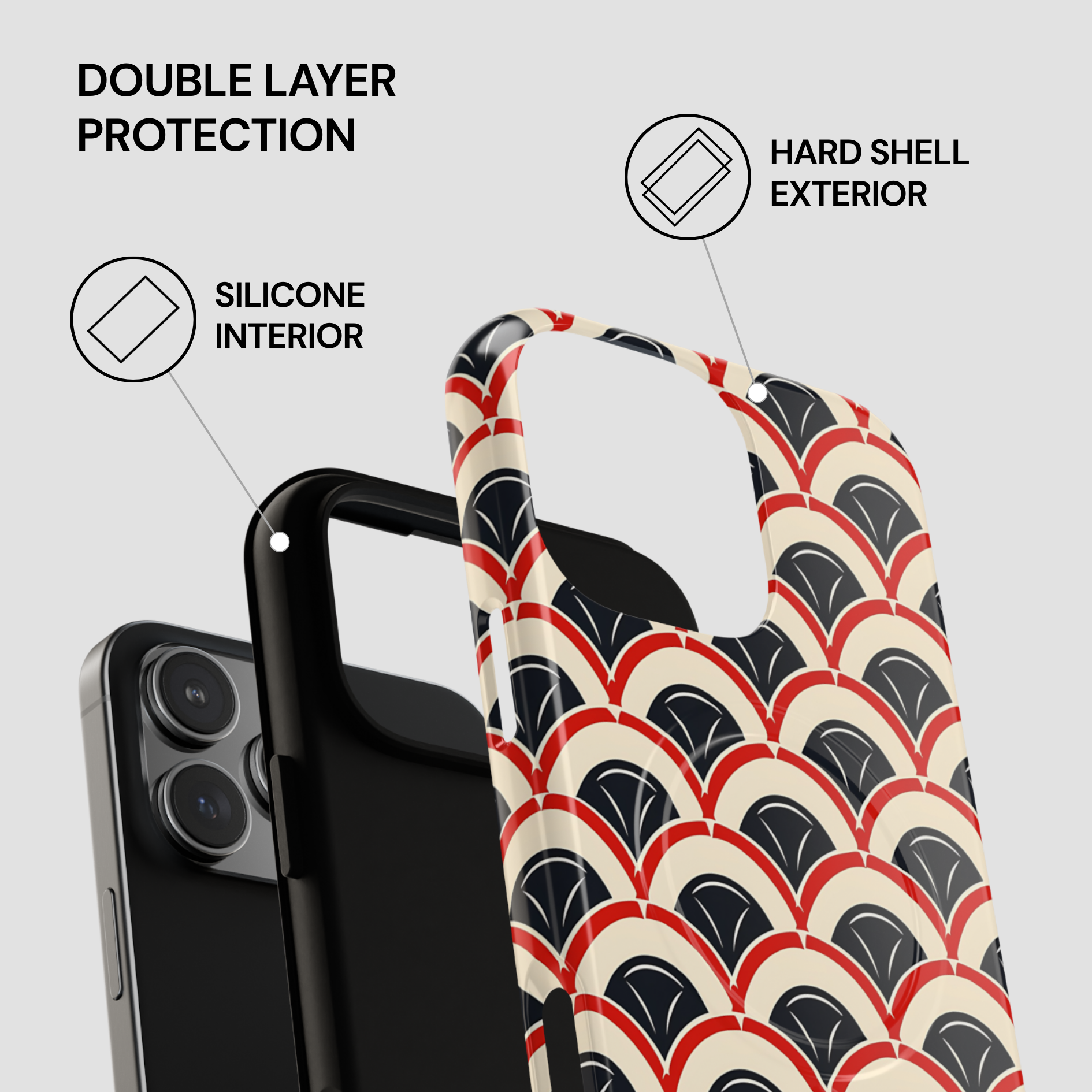 Phone case with double layer protection features and a geometric pattern.