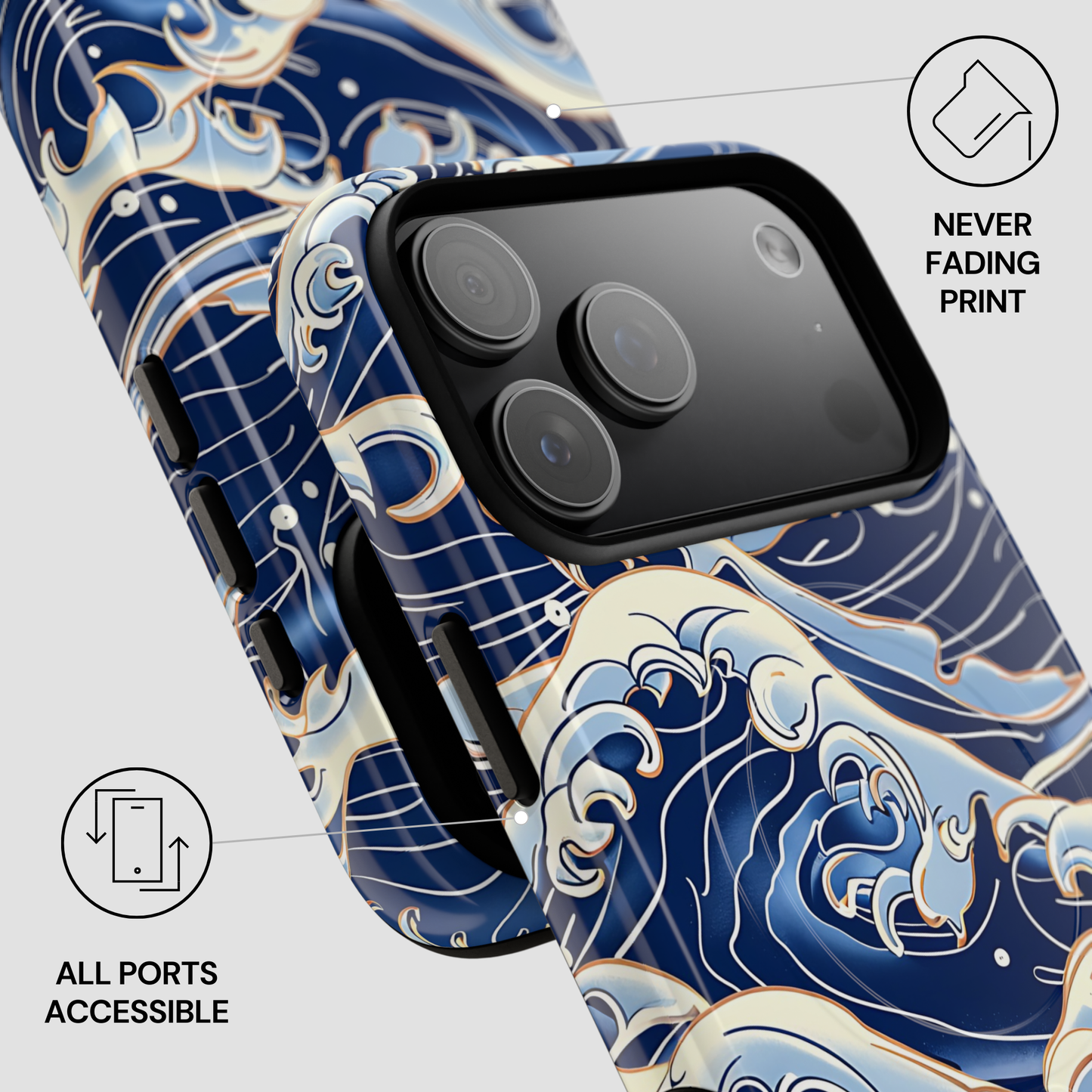Phone case with wave design and text about print quality and port accessibility  | Casenari
